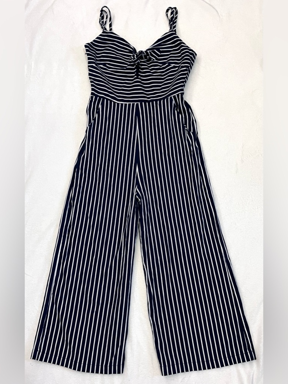 Main Strip Women’s Striped Navy and White Wide-Leg Jumpsuit Pockets & Side Zip
